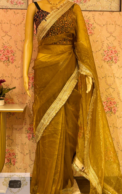 Amber Gold Glass Tissue Banno Saree