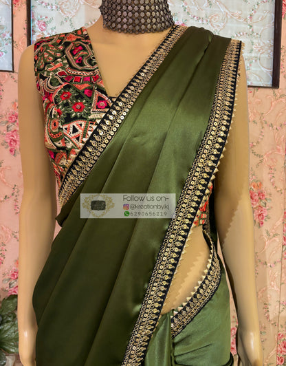 Olive Green Satin Silk Saree with Black Border