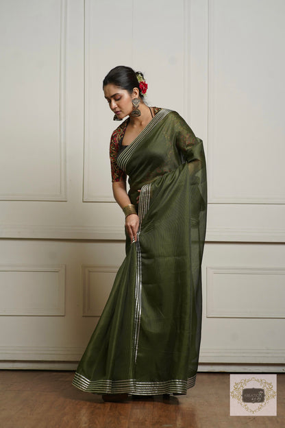 Olive Green Kota Silver Lining Saree