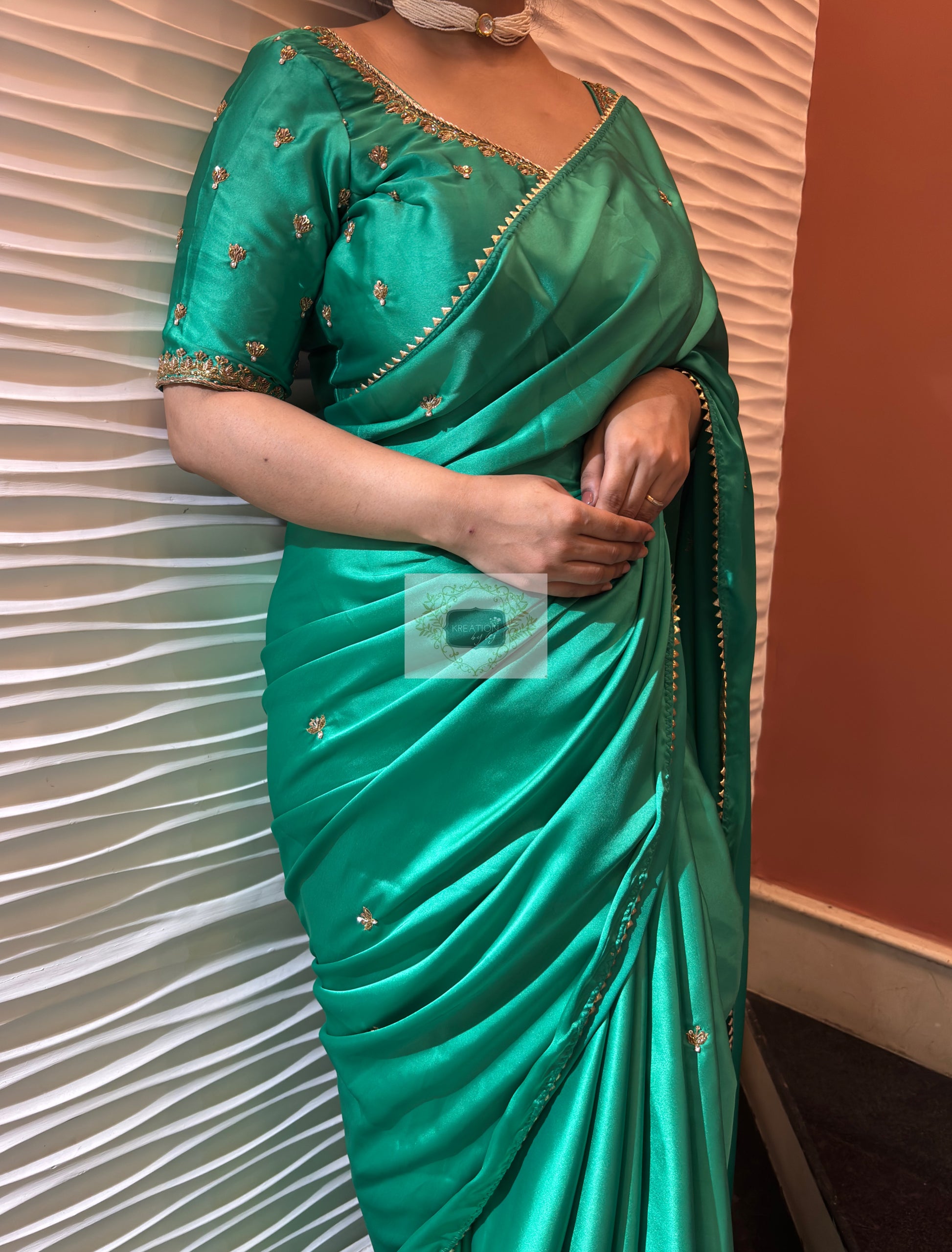 Jade Green Grace Satin Silk Saree - kreationbykj