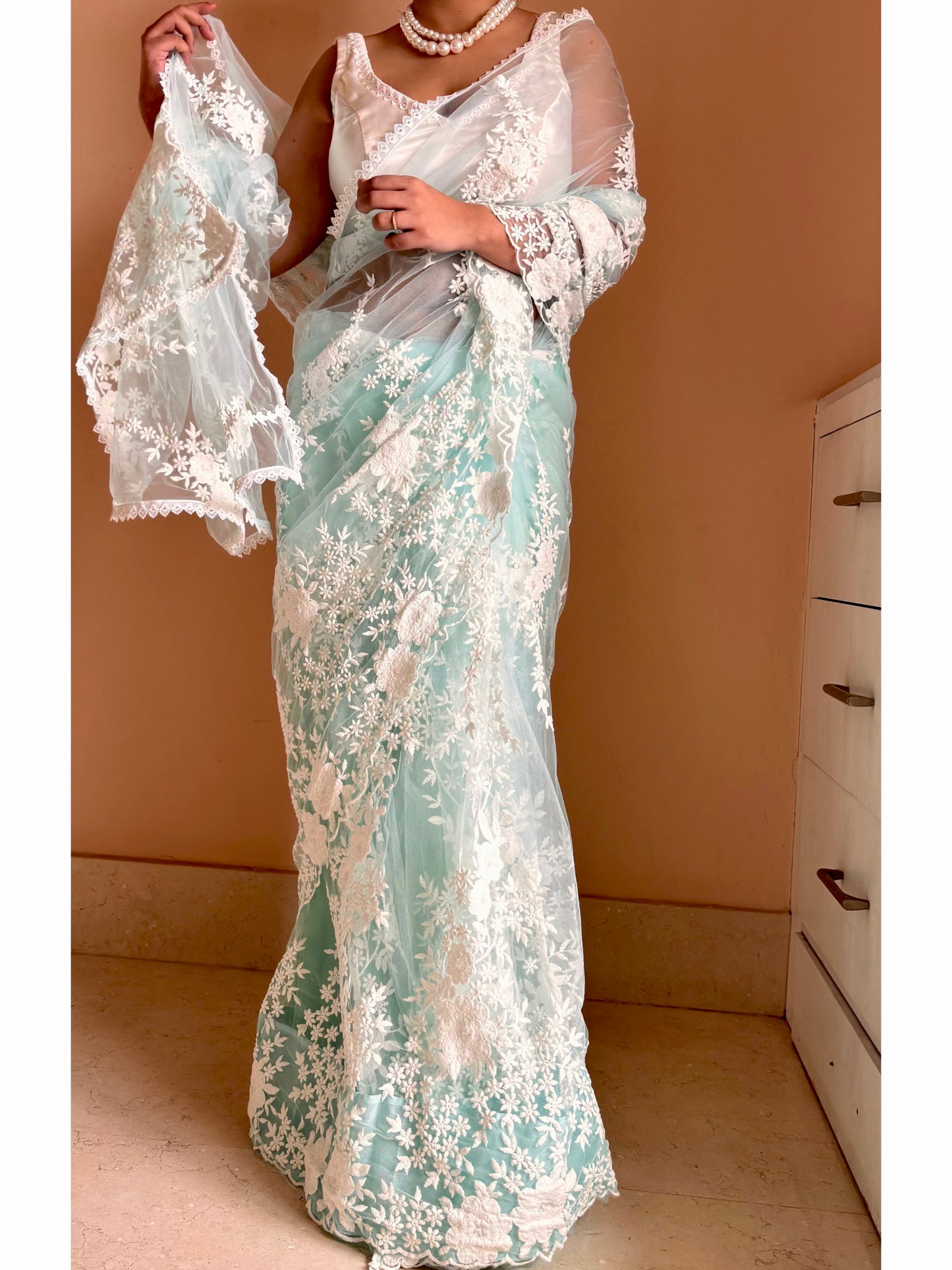 Seafoam Bloom Embellished Net Saree