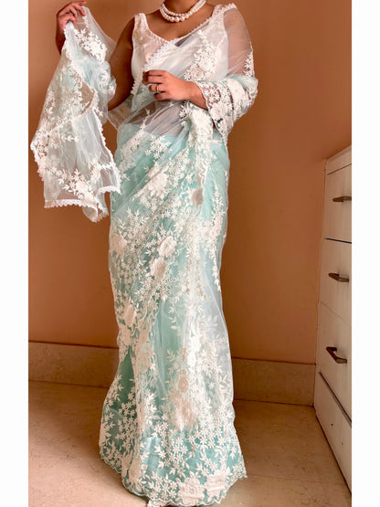 Seafoam Bloom Embellished Net Saree