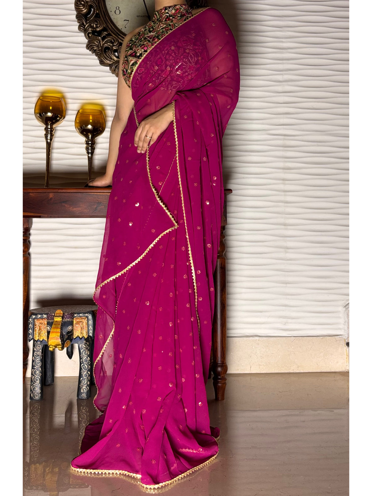 Wine Georgette Sequin Embellished Saree