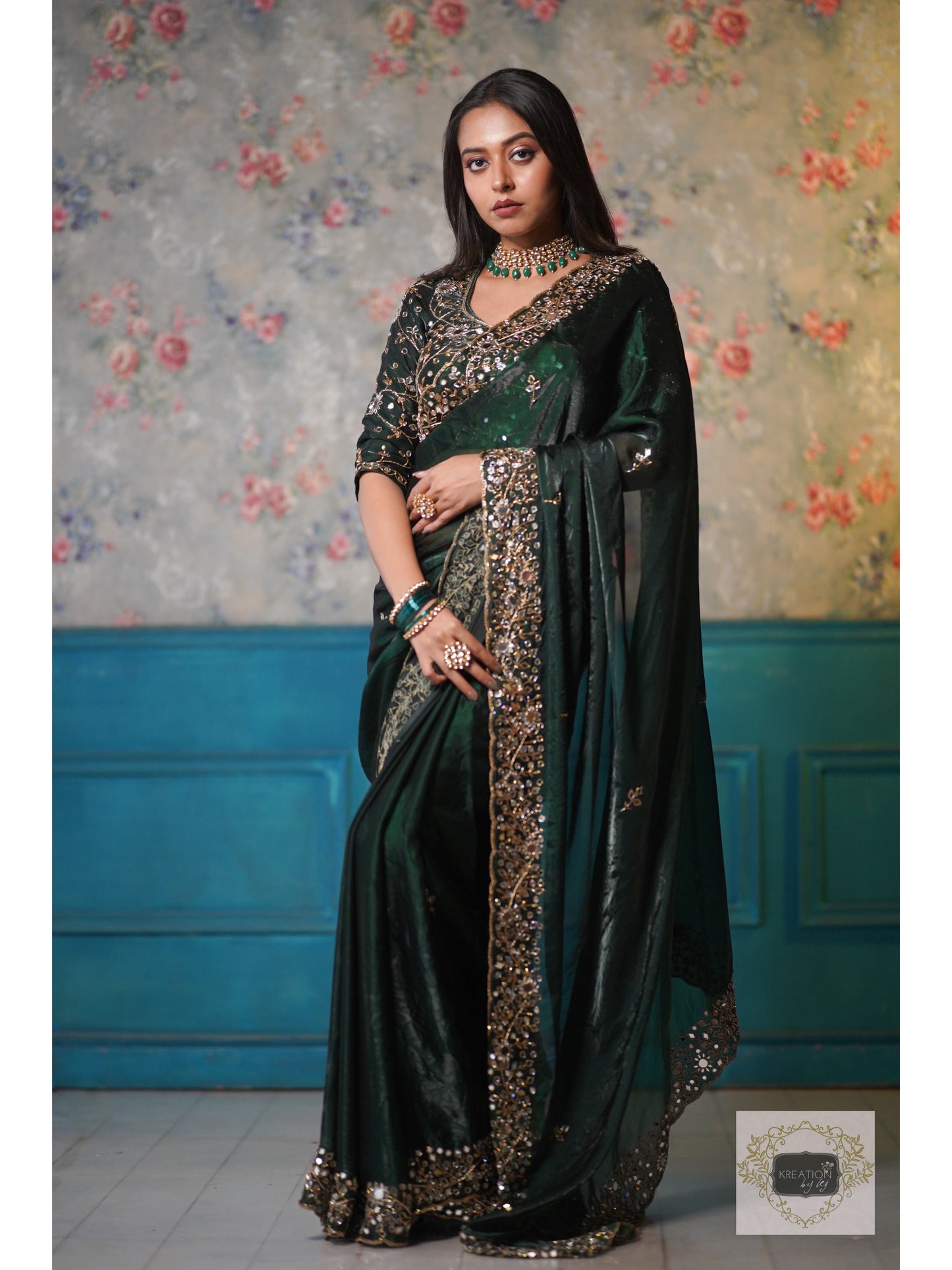 Bottle Green Shimmer Satin Sheesh Mahal Saree