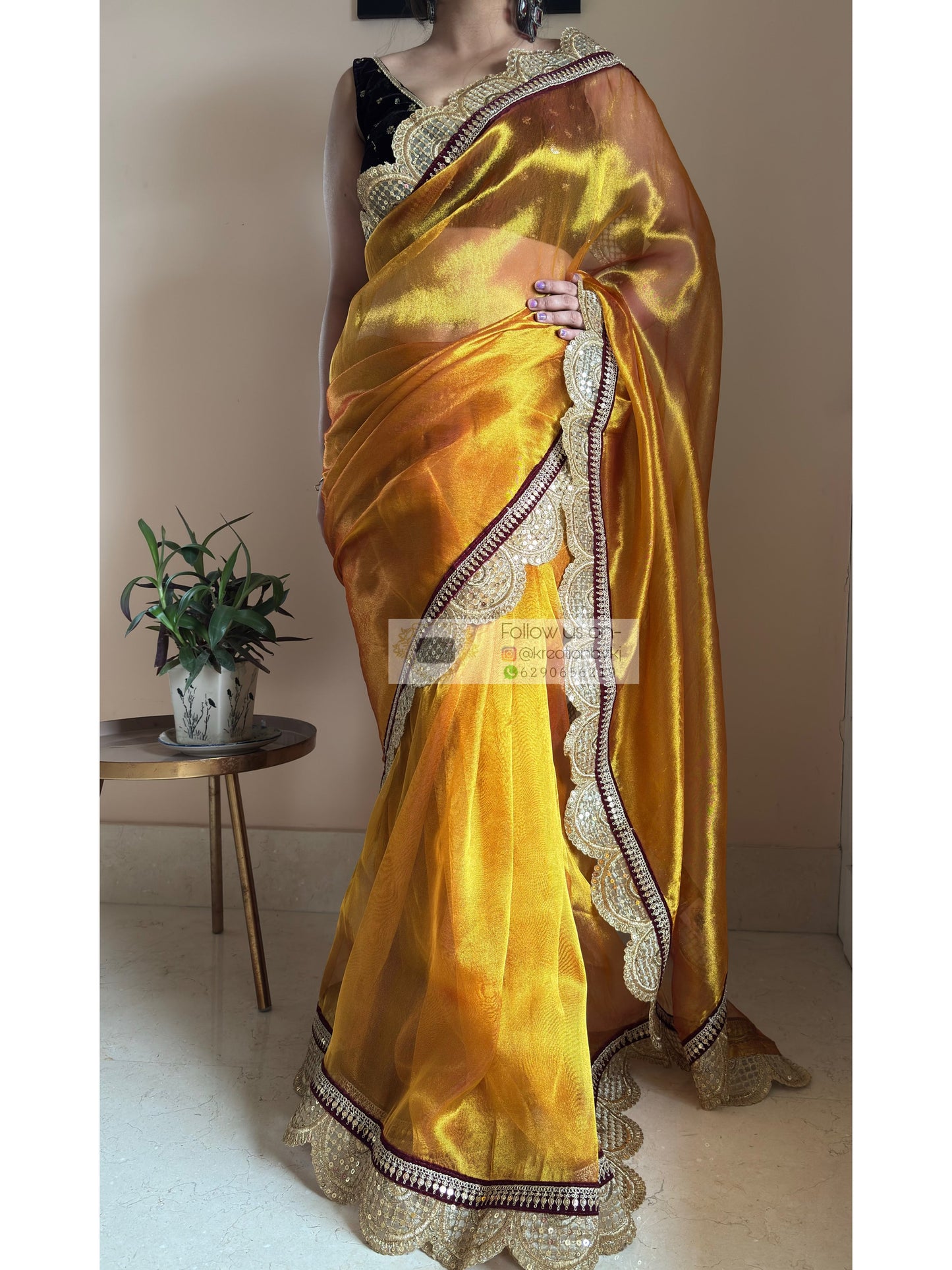 Fiery Gold Zari Tissue Mehraab Border Saree kreationbykj