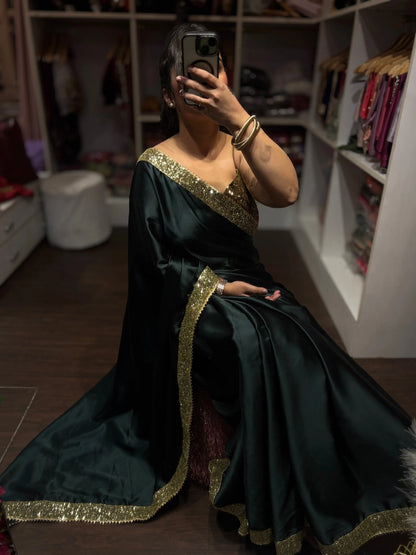 Dark Green Satin Silk Saree with Golden Shimmer Border Kreation by KJ