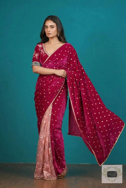 Half Magenta Pink Velvet And Net Embellished Saree Kreation by KJ