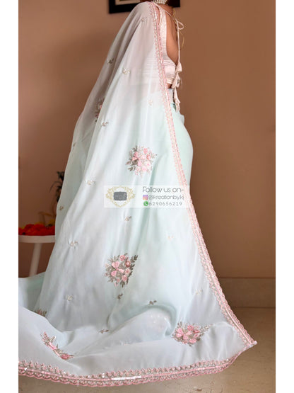 Powder Blue Floral Symphony Saree Kreation by KJ