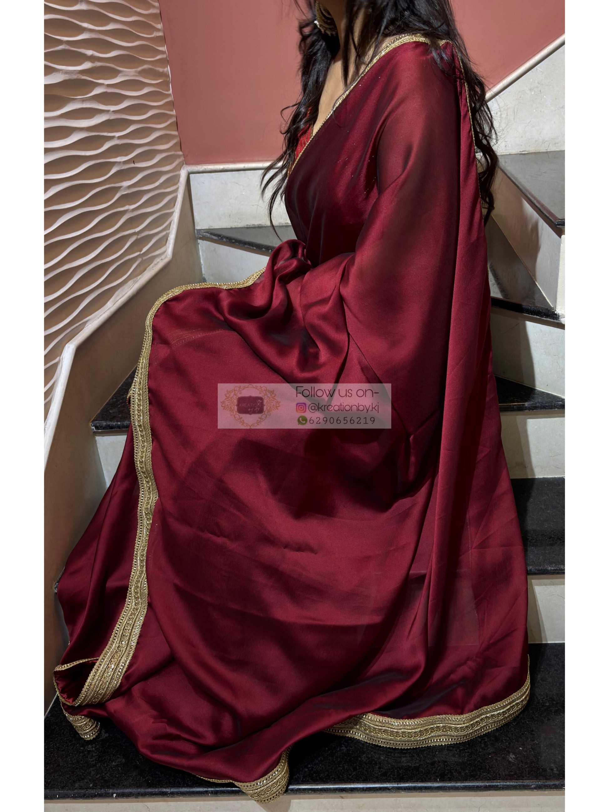 Maroon Georgette Saree with Golden Border kreationbykj