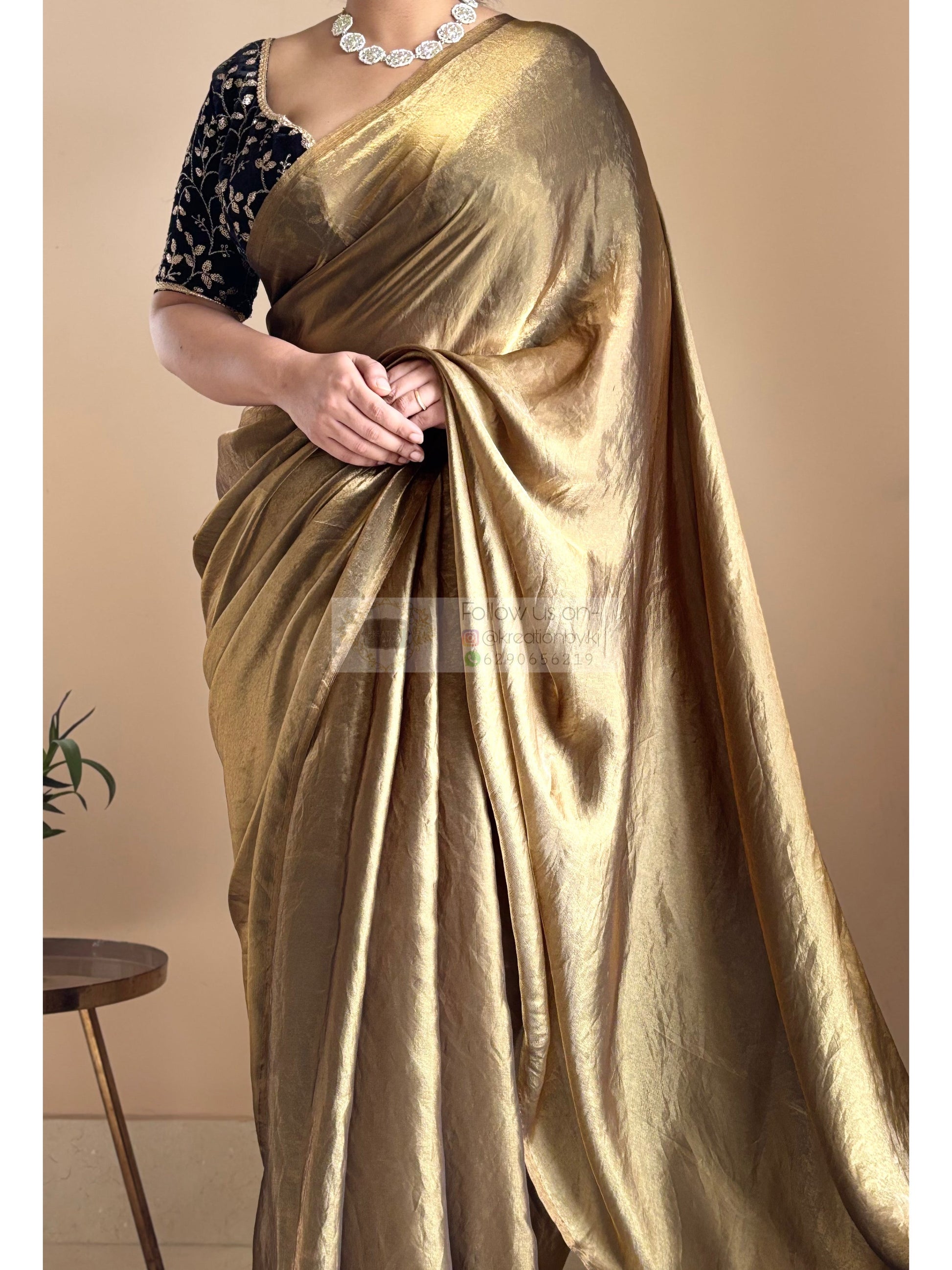 Molten Golden Shimmer Satin Saree With Handmade Tassels on Pallu kreationbykj