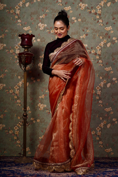 Marigold Glass Tissue Mehraab Border Saree