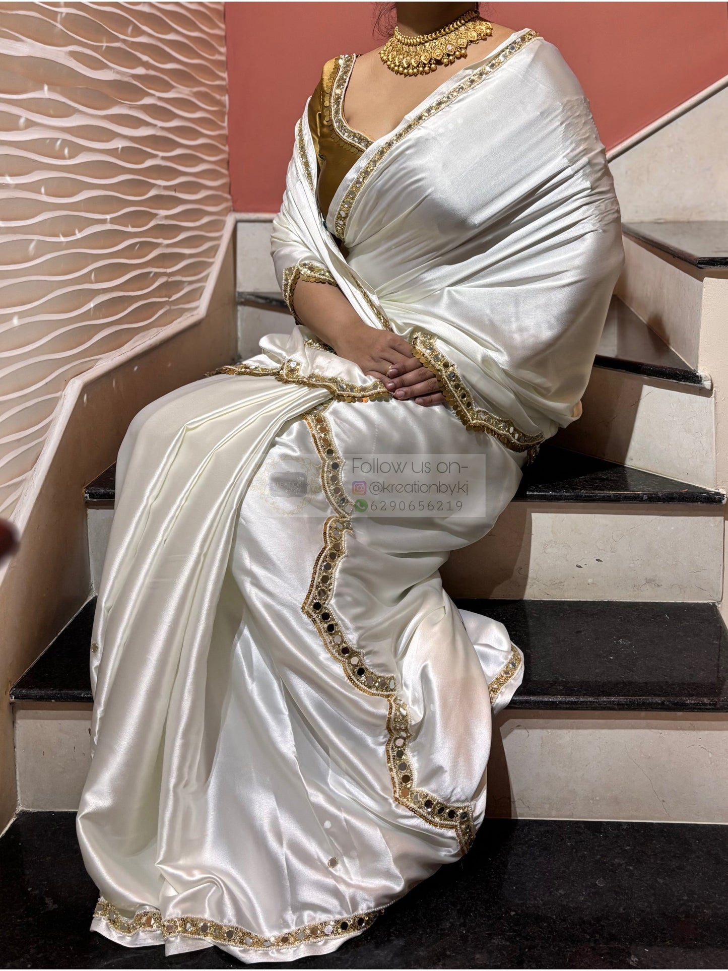 Snow Creme Satin Silk Saree With Real Mirror Work Kreation by KJ