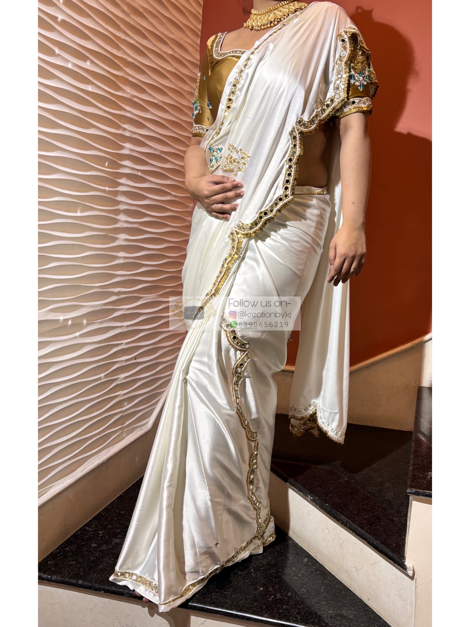 Snow Creme Satin Silk Saree With Real Mirror Work Kreation by KJ