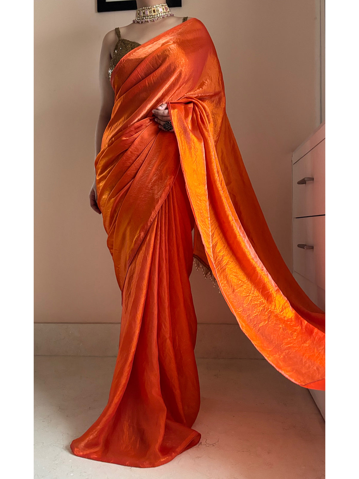Fanta Orange Metallic Satin Saree