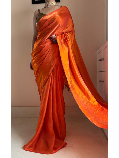 Fanta Orange Metallic Satin Saree