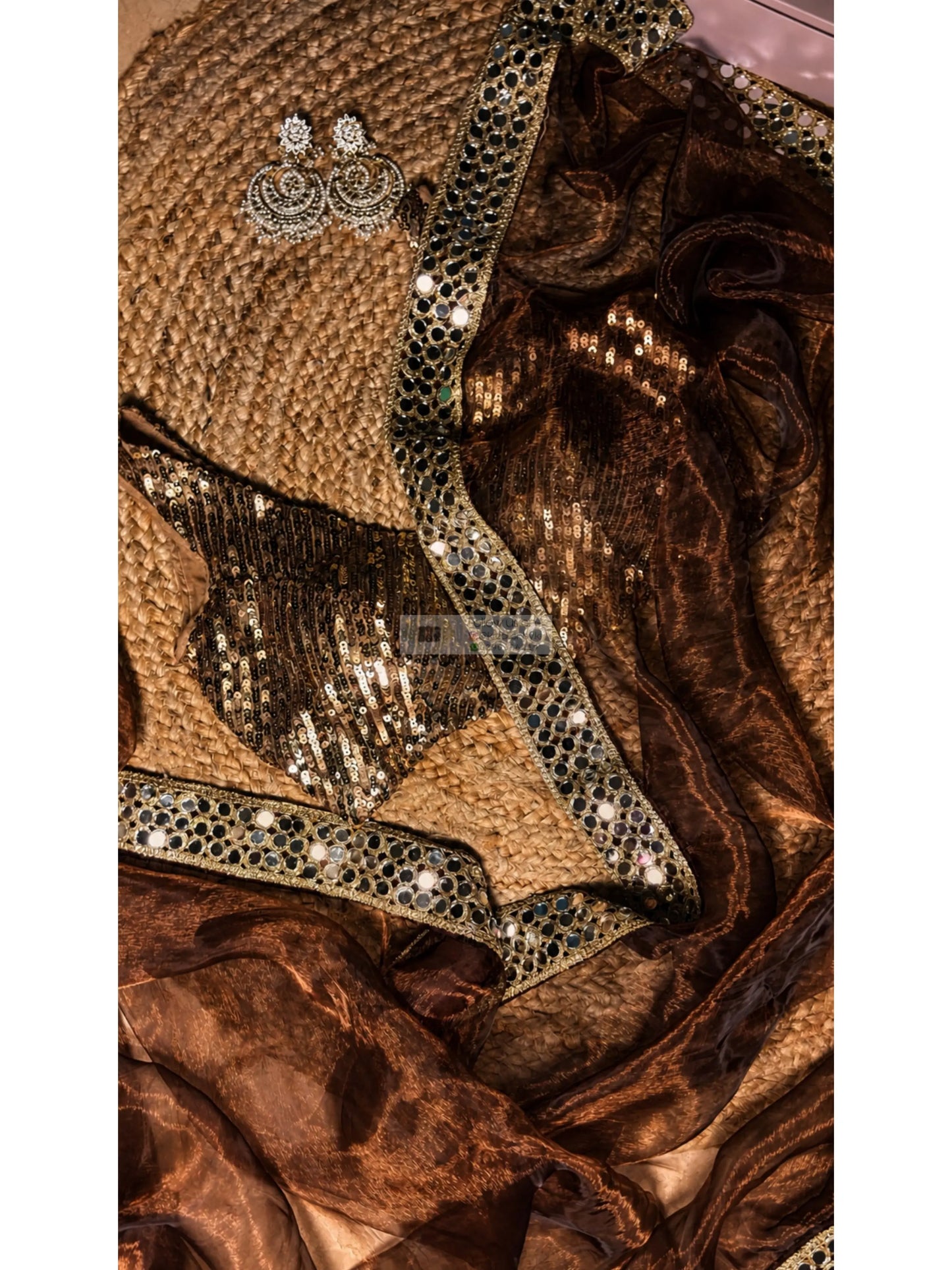 Copper Brown Glass Tissue Saree With Real Cut Mirror Border Kreation by KJ