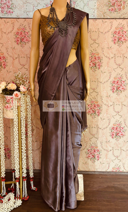 Purple Mauve Satin Silk Saree with Handmade Tassels on Pallu