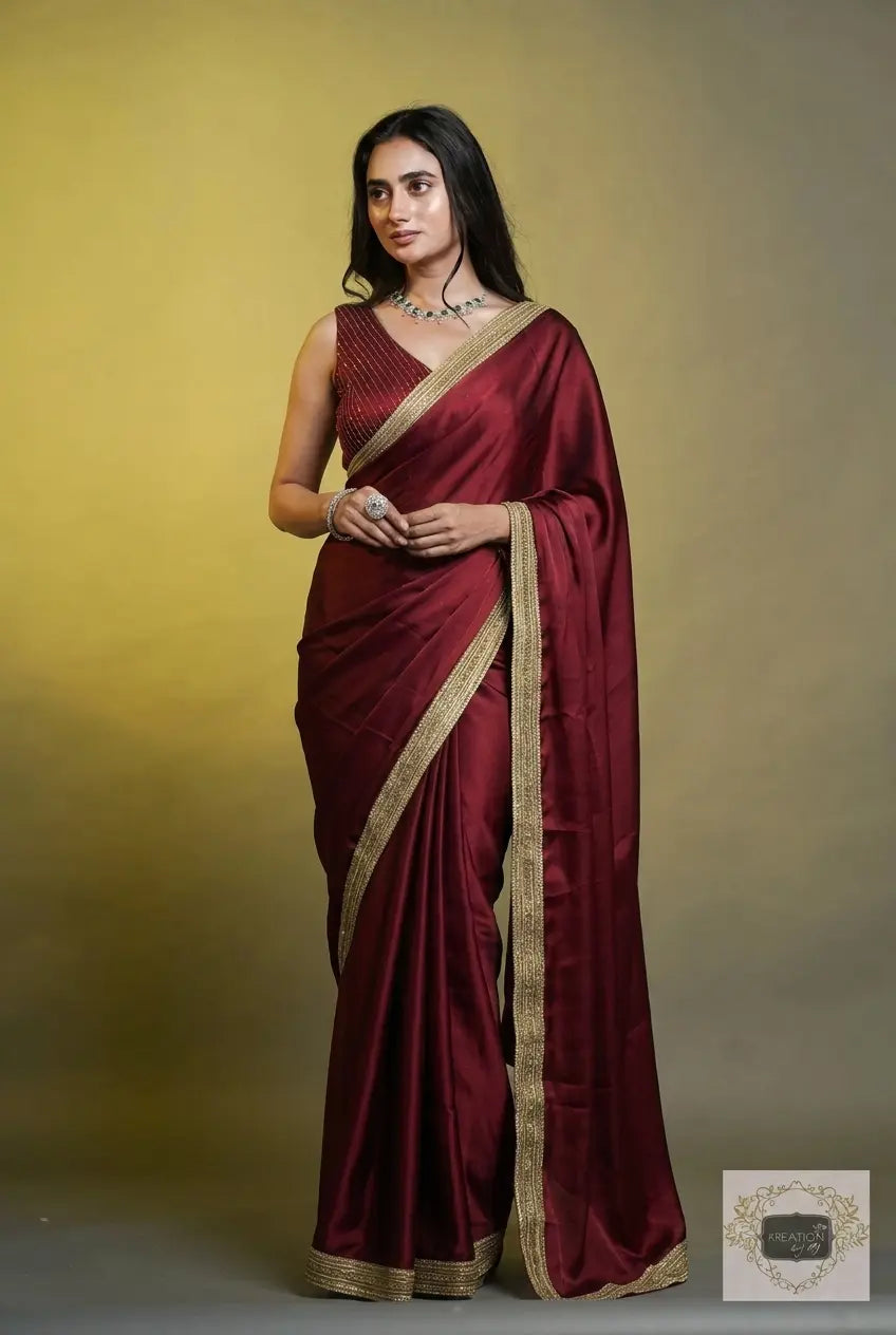 Maroon Georgette Saree with Golden Border kreationbykj
