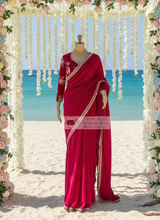Rani Pink Velvet Banno Saree kreationbykj