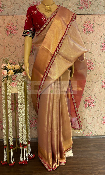 Dusty Pink Tissue Saree with Hand made Tassels in Pallu