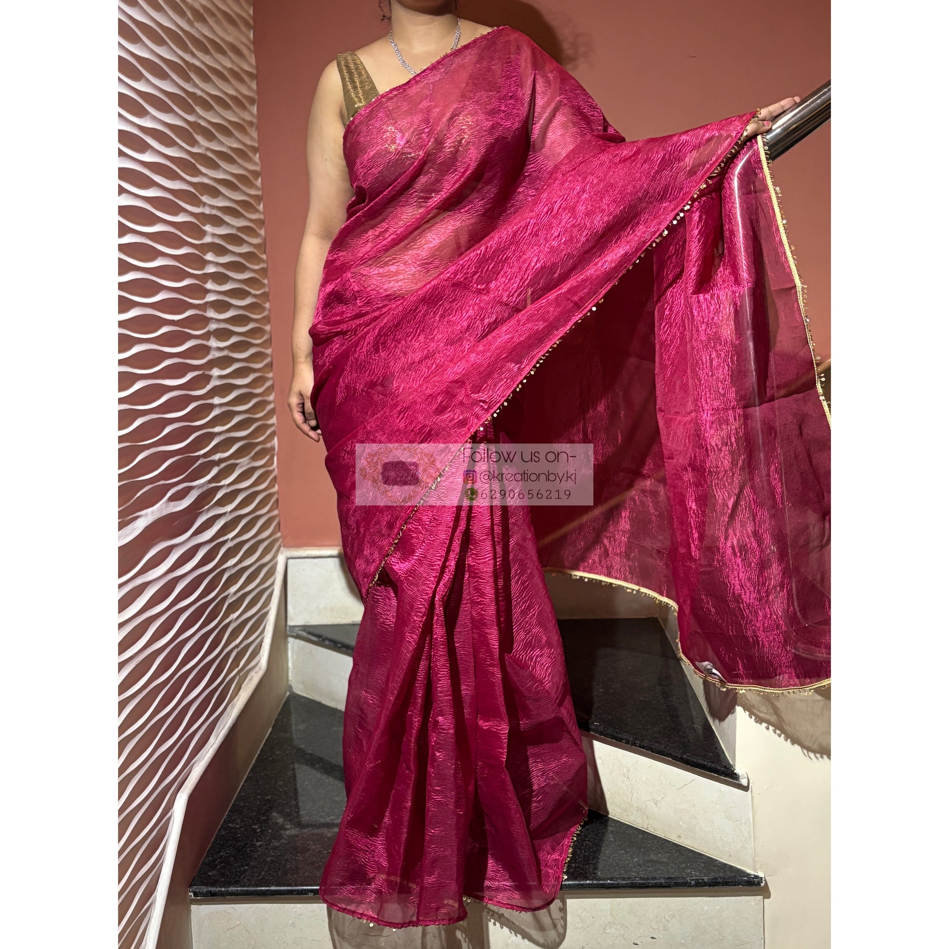 Magenta Pink Crushed Tissue Saree kreationbykj