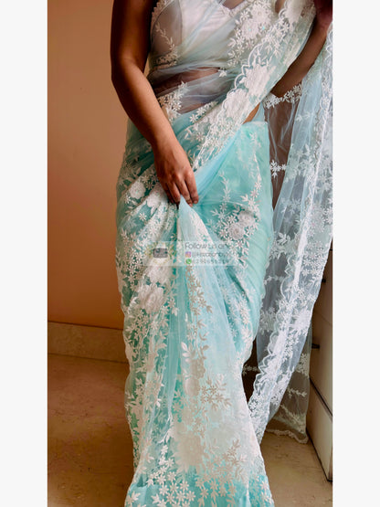 Seafoam Bloom Embellished Net Saree