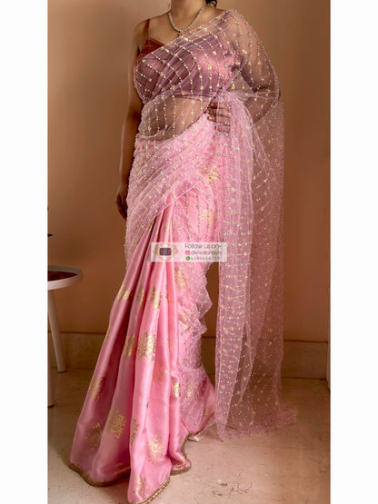 Blush Pink Golden Rose Saree