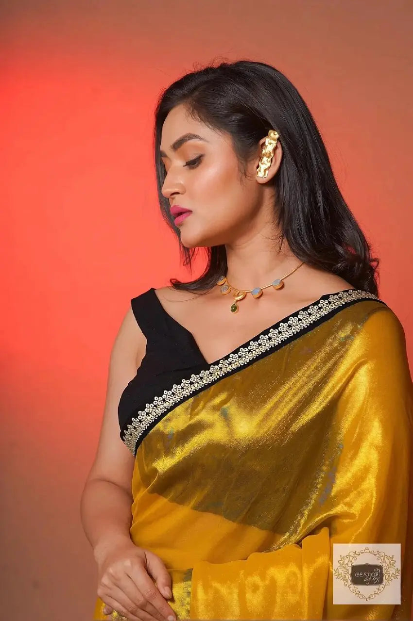 Golden Yellow Zari Tissue Cocktail Saree kreationbykj