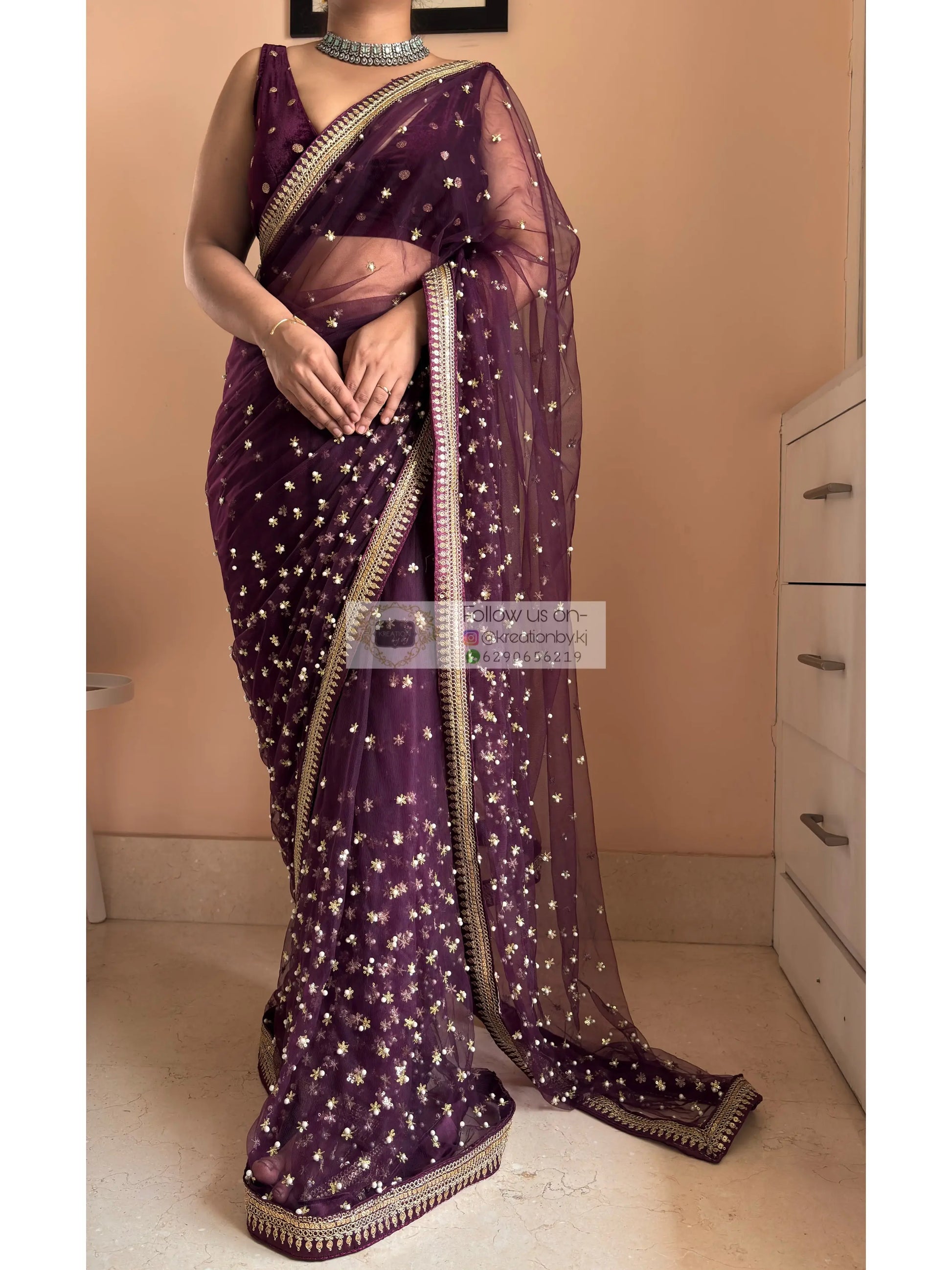 Wine Embellished Net Saree Kreation by KJ