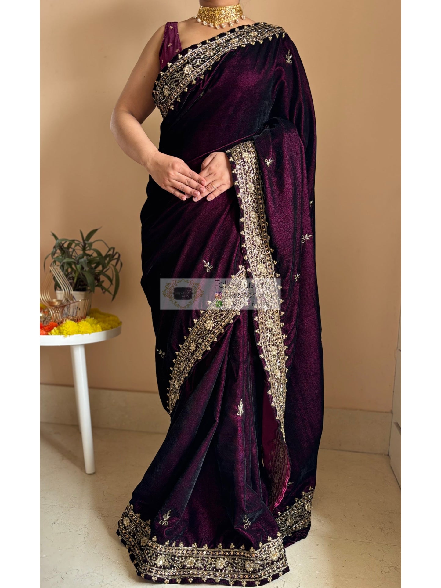 Dark Wine Velvet Zarina Saree Kreation by KJ