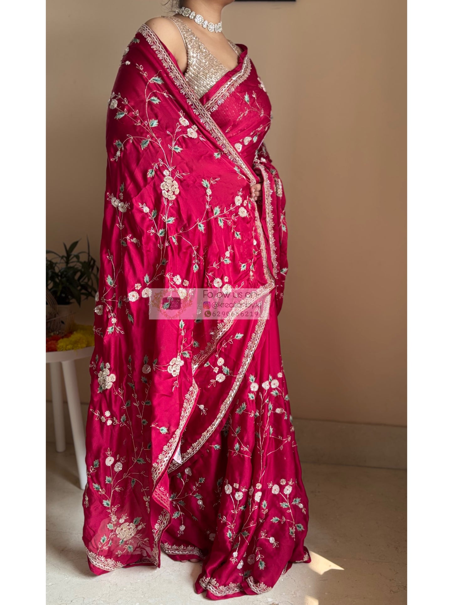 Luxe Cherry Wine Zardosi Jaal Saree