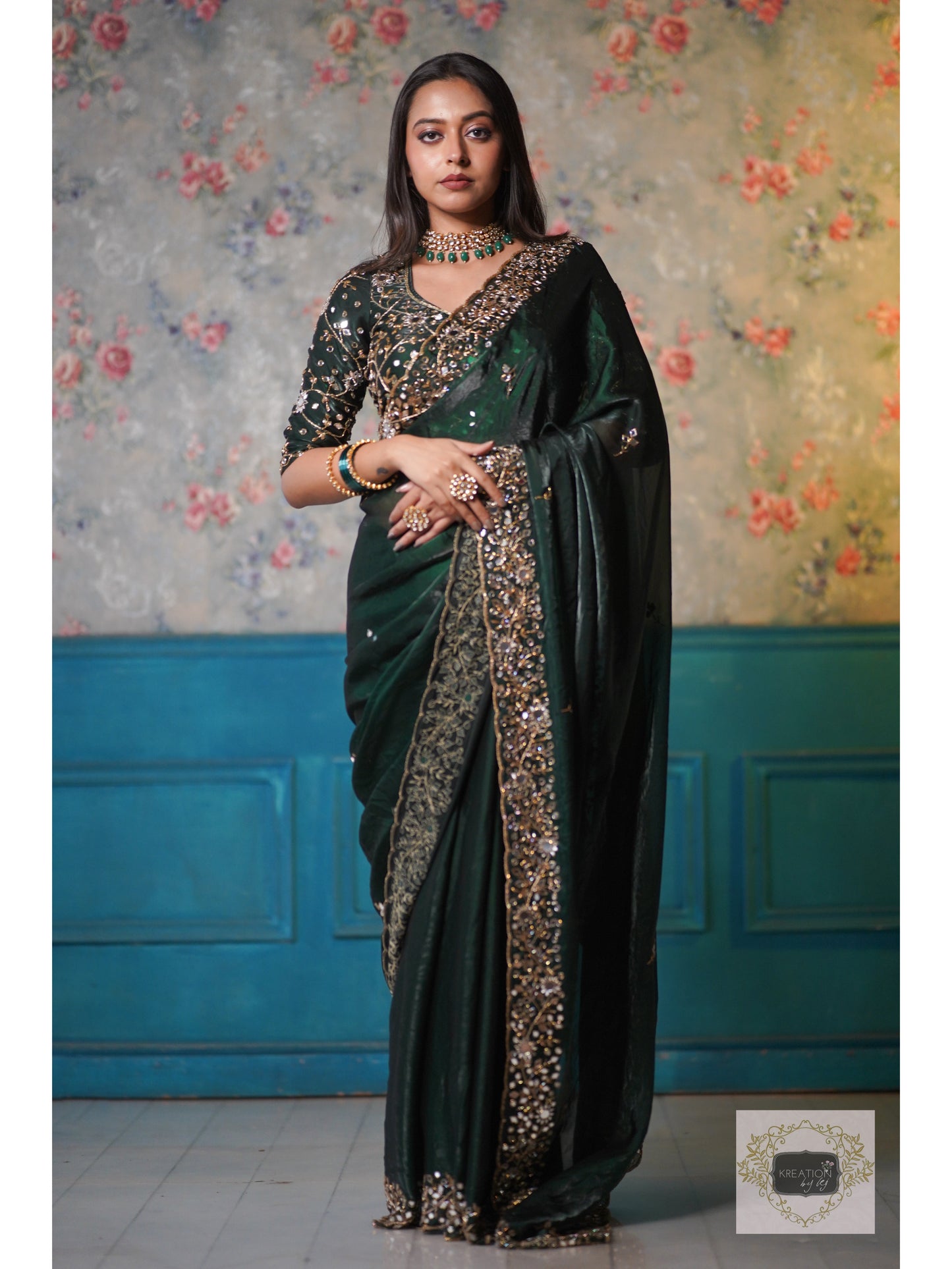 Bottle Green Shimmer Satin Sheesh Mahal Saree