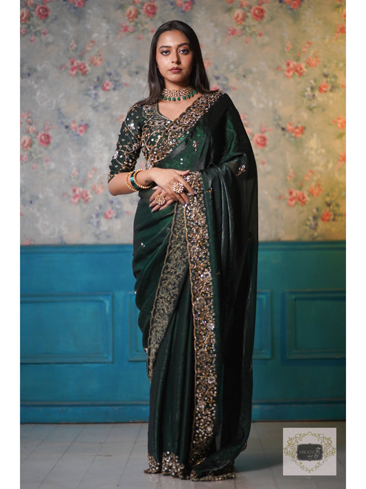 Bottle Green Shimmer Satin Sheesh Mahal Saree