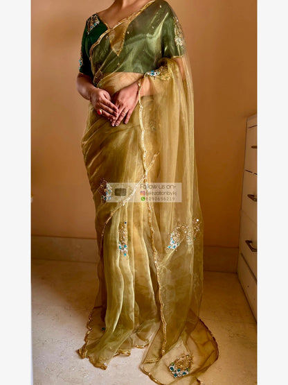 Scent of Yesterday Pista Green Glass Tissue Saree Kreation by KJ