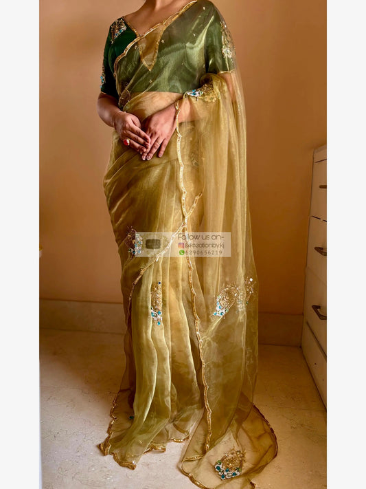 Scent of Yesterday Pista Green Glass Tissue Saree Kreation by KJ
