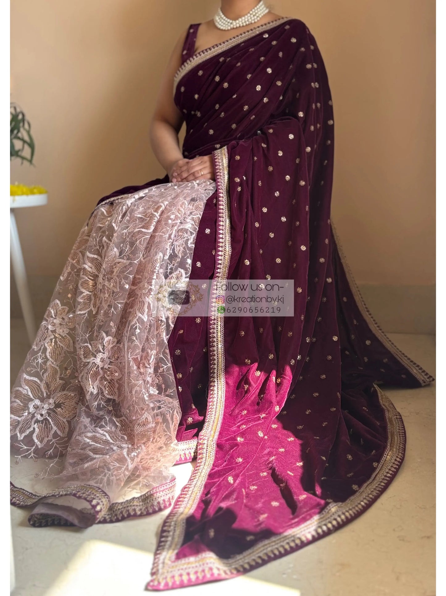 Purple Wine Velvet And Net Embellished Saree Kreation by KJ