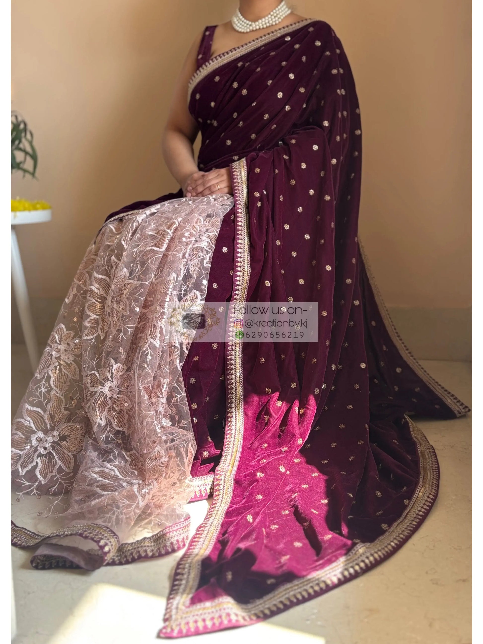 Purple Wine Velvet And Net Embellished Saree Kreation by KJ