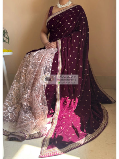 Purple Wine Velvet And Net Embellished Saree Kreation by KJ