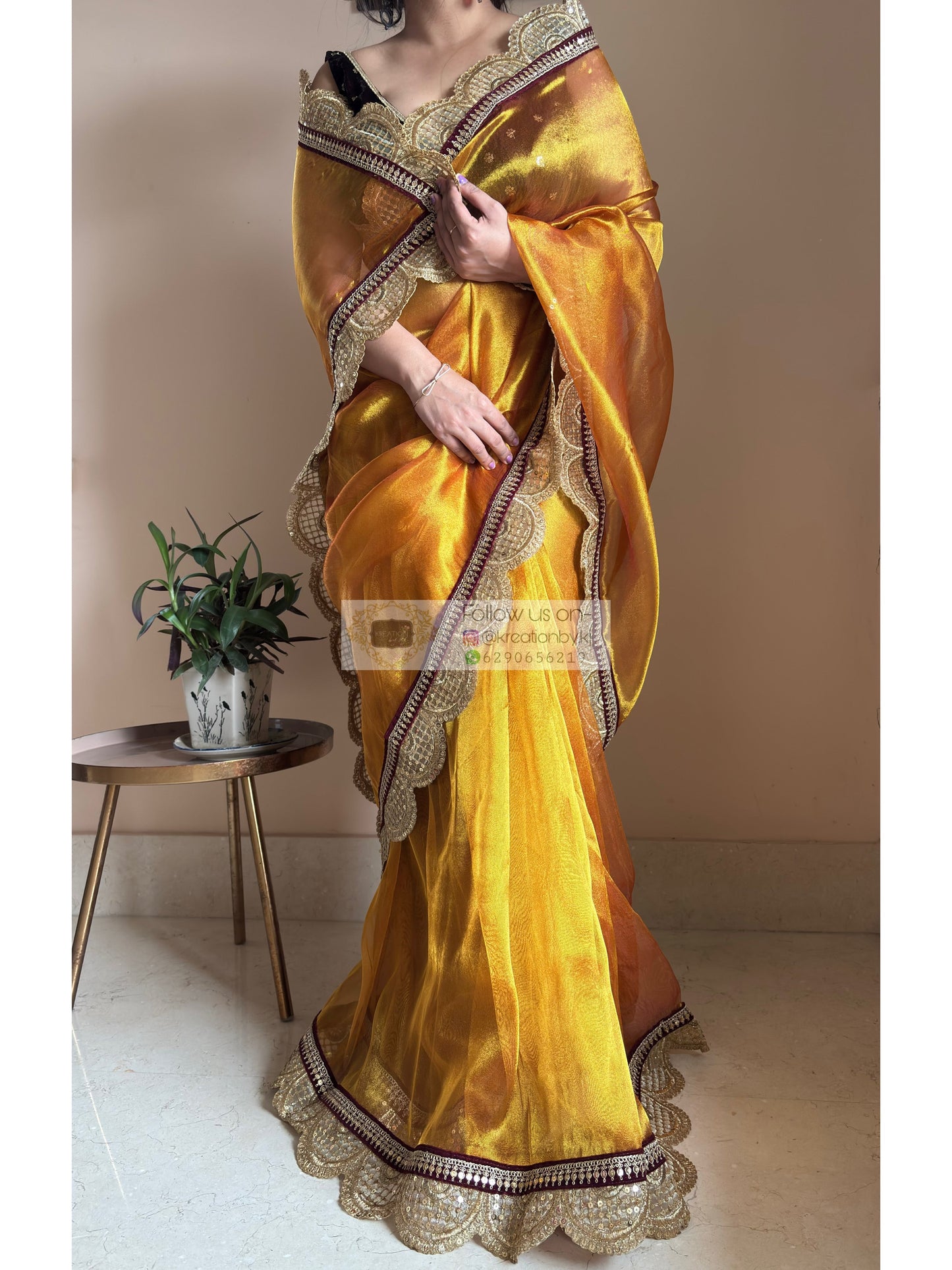 Fiery Gold Zari Tissue Mehraab Border Saree kreationbykj