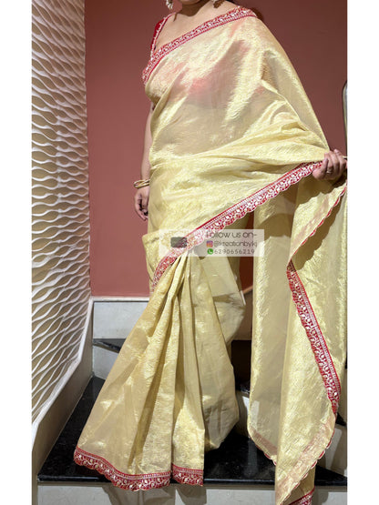 Golden Beige Crushed Tissue Saree with Red Border kreationbykj