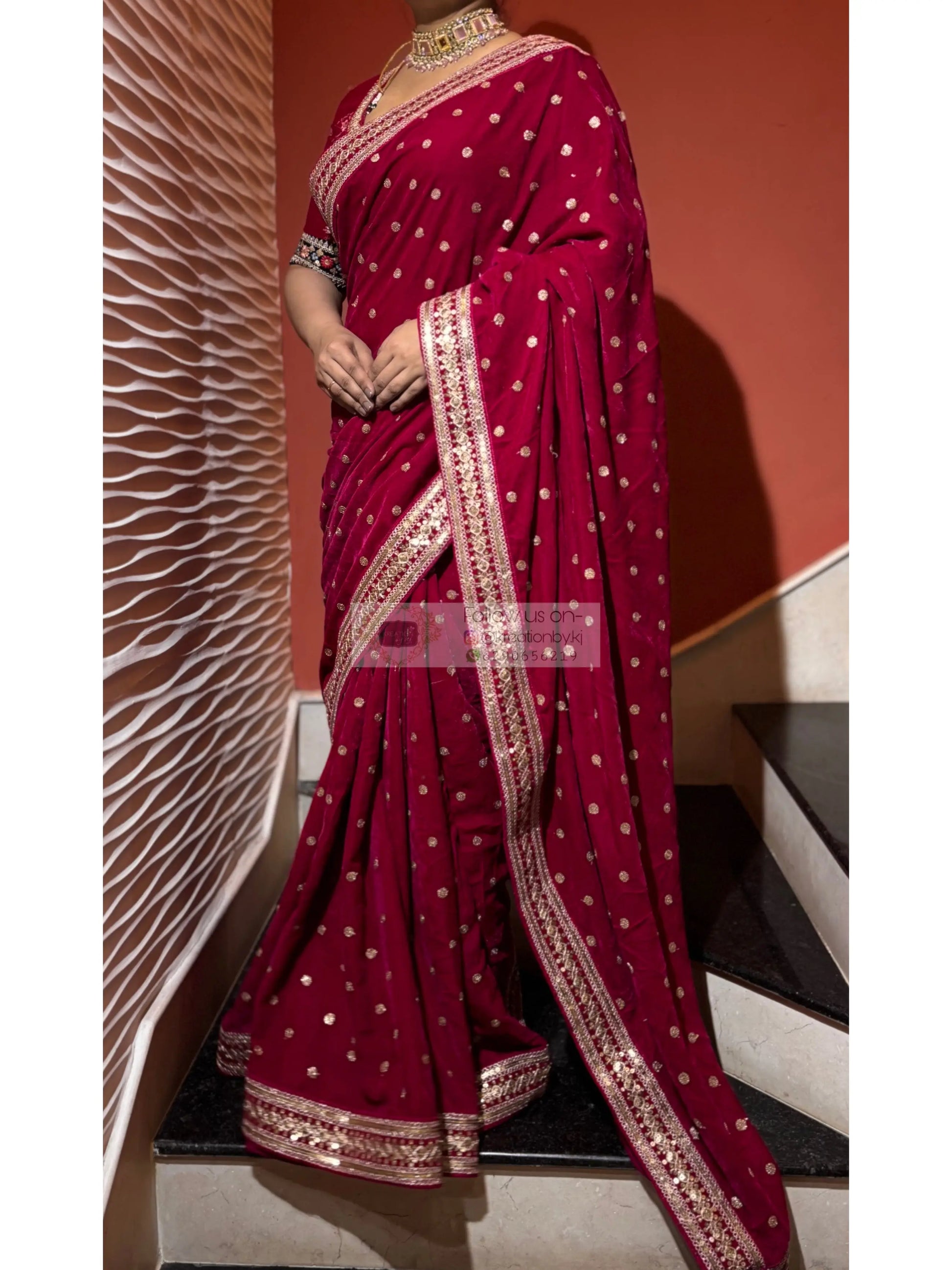 Royal Magenta Pink Velvet Saree Kreation by KJ