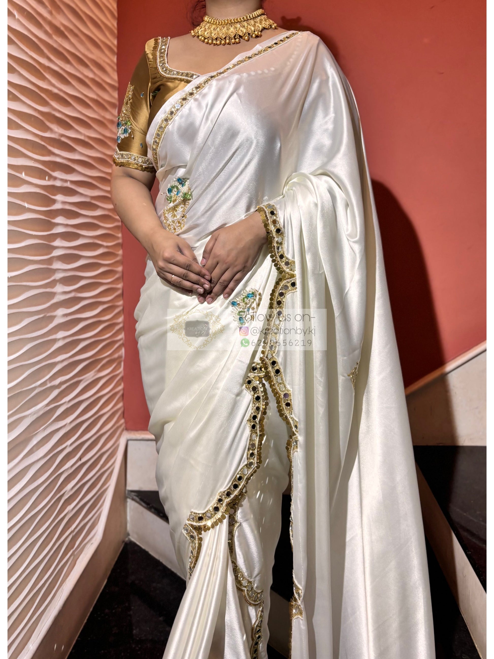 Snow Creme Satin Silk Saree With Real Mirror Work Kreation by KJ