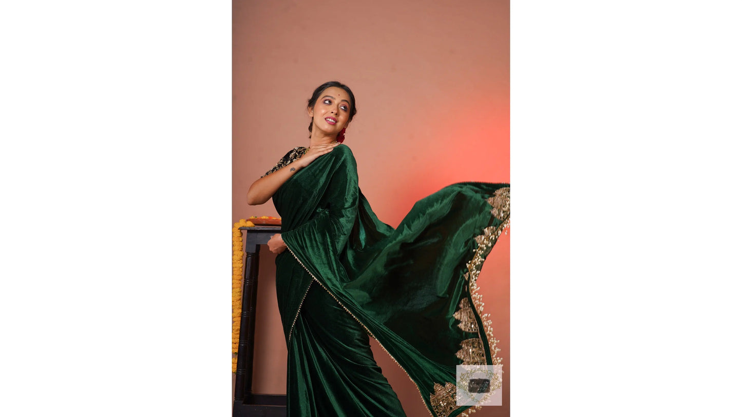 Green Velvet Taj Mahal Saree kreationbykj