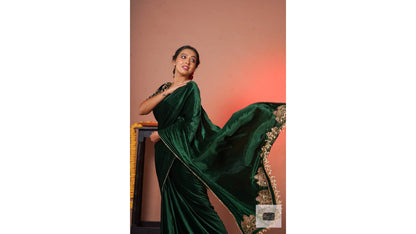 Green Velvet Taj Mahal Saree kreationbykj