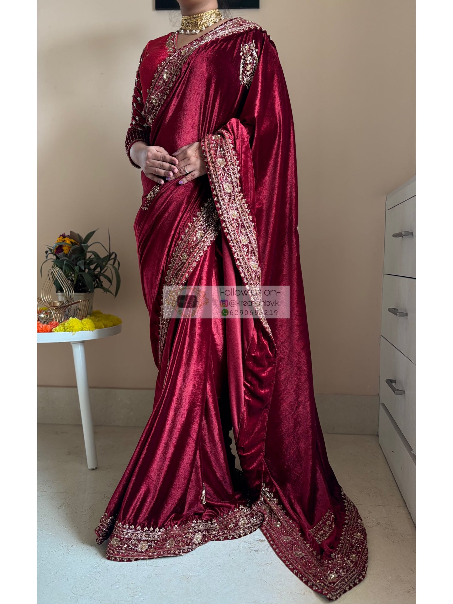 Naaz Burgundy Velvet Saree