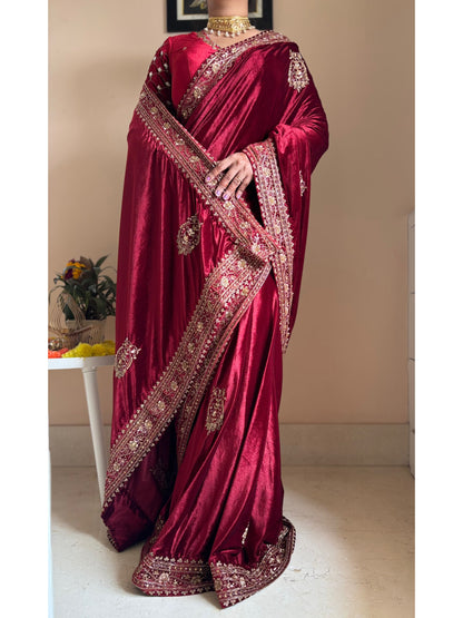 Naaz Burgundy Velvet Saree