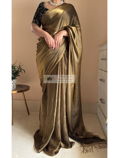 Molten Golden Shimmer Satin Saree With Handmade Tassels on Pallu kreationbykj