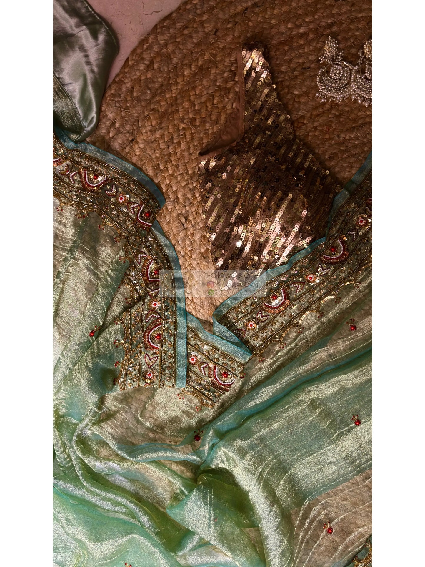 Crushed Green Tissue Saree With Hand embroidered Border