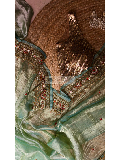 Crushed Green Tissue Saree With Hand embroidered Border