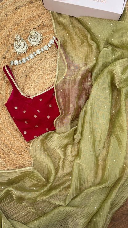 Mint Green Crushed Tissue Saree with Mukaish Work Kreation by KJ
